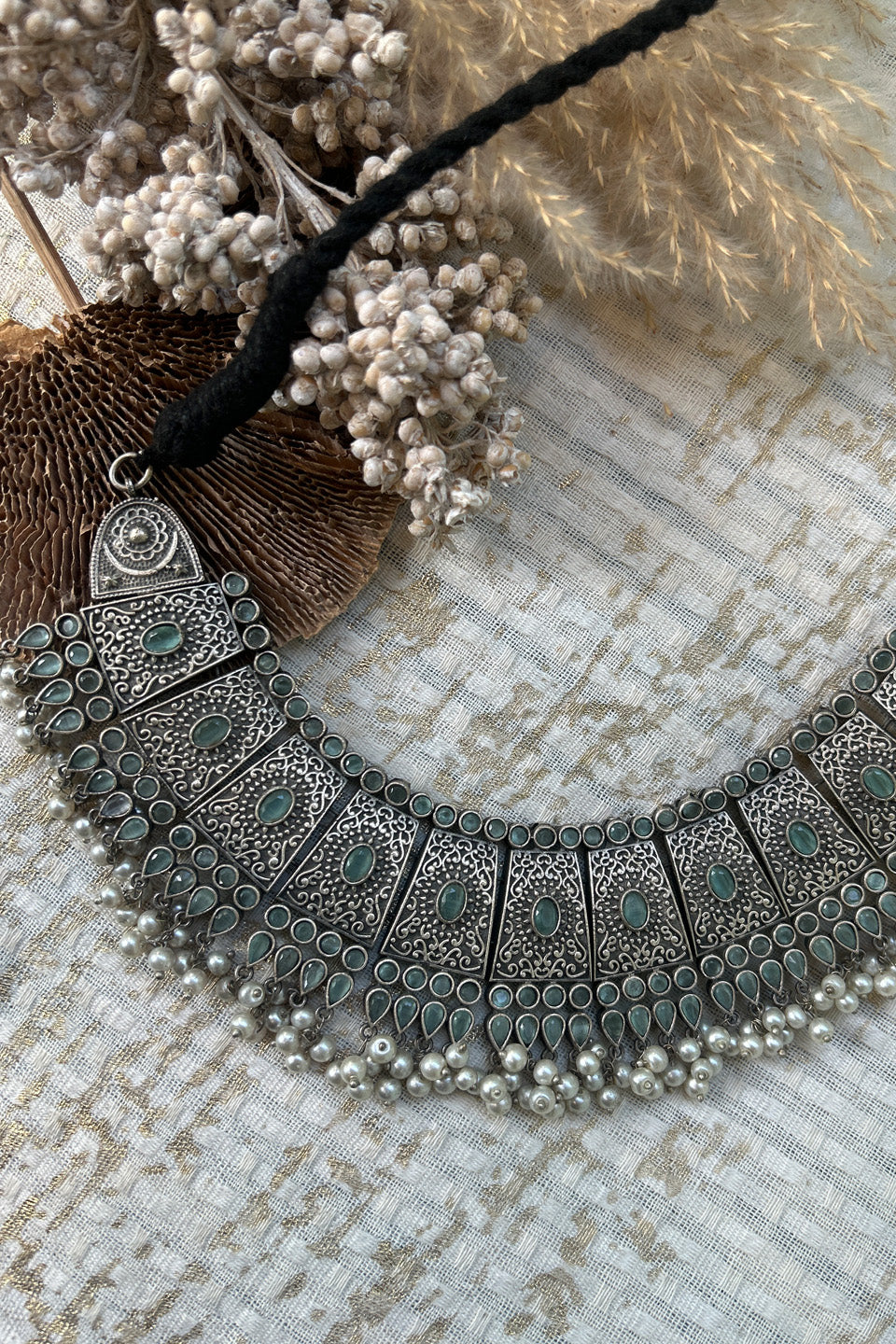 Antique Silver Green Stone & Pearl Layered Choker Necklace