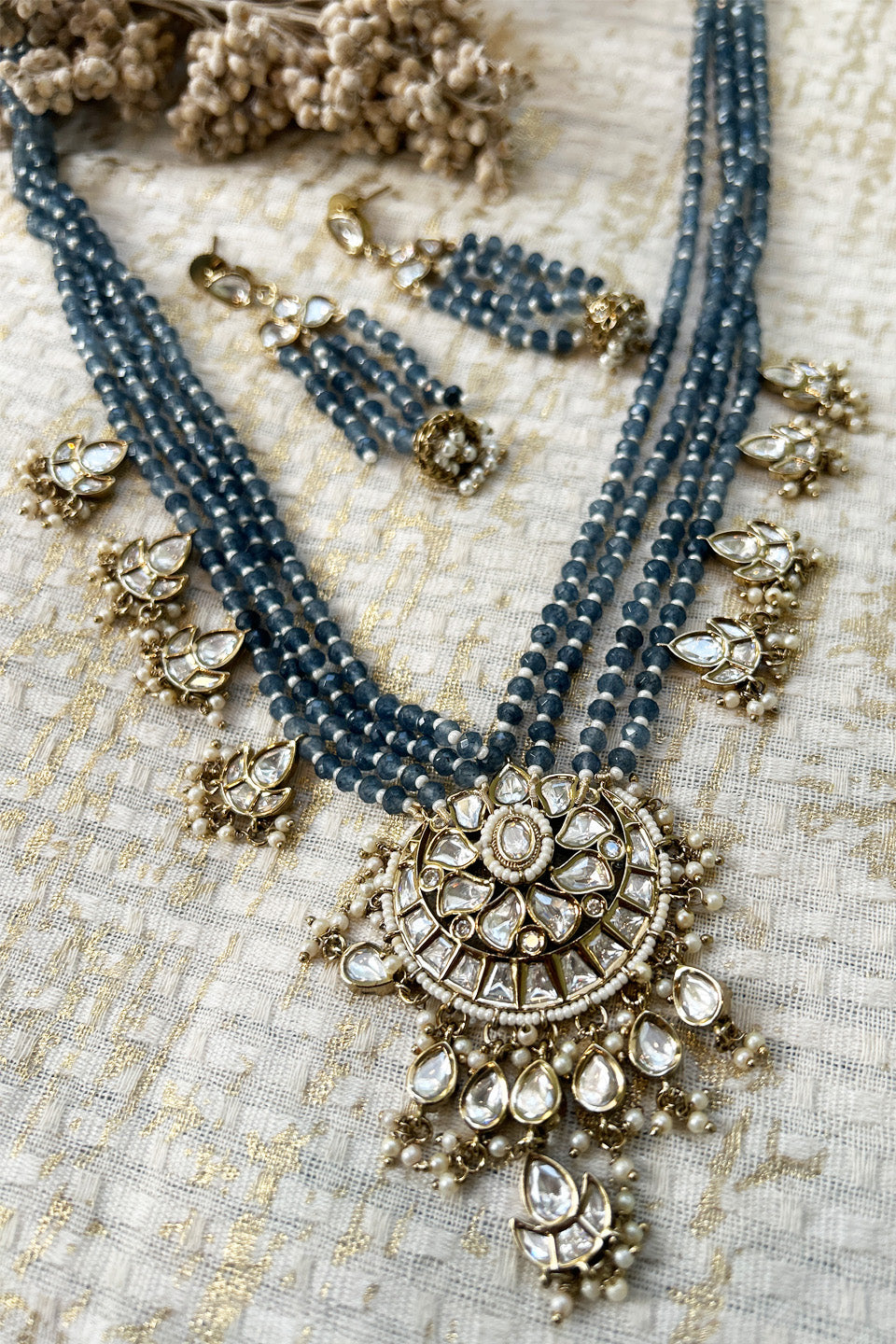 Blue Beaded Kundan Necklace Set with Earrings