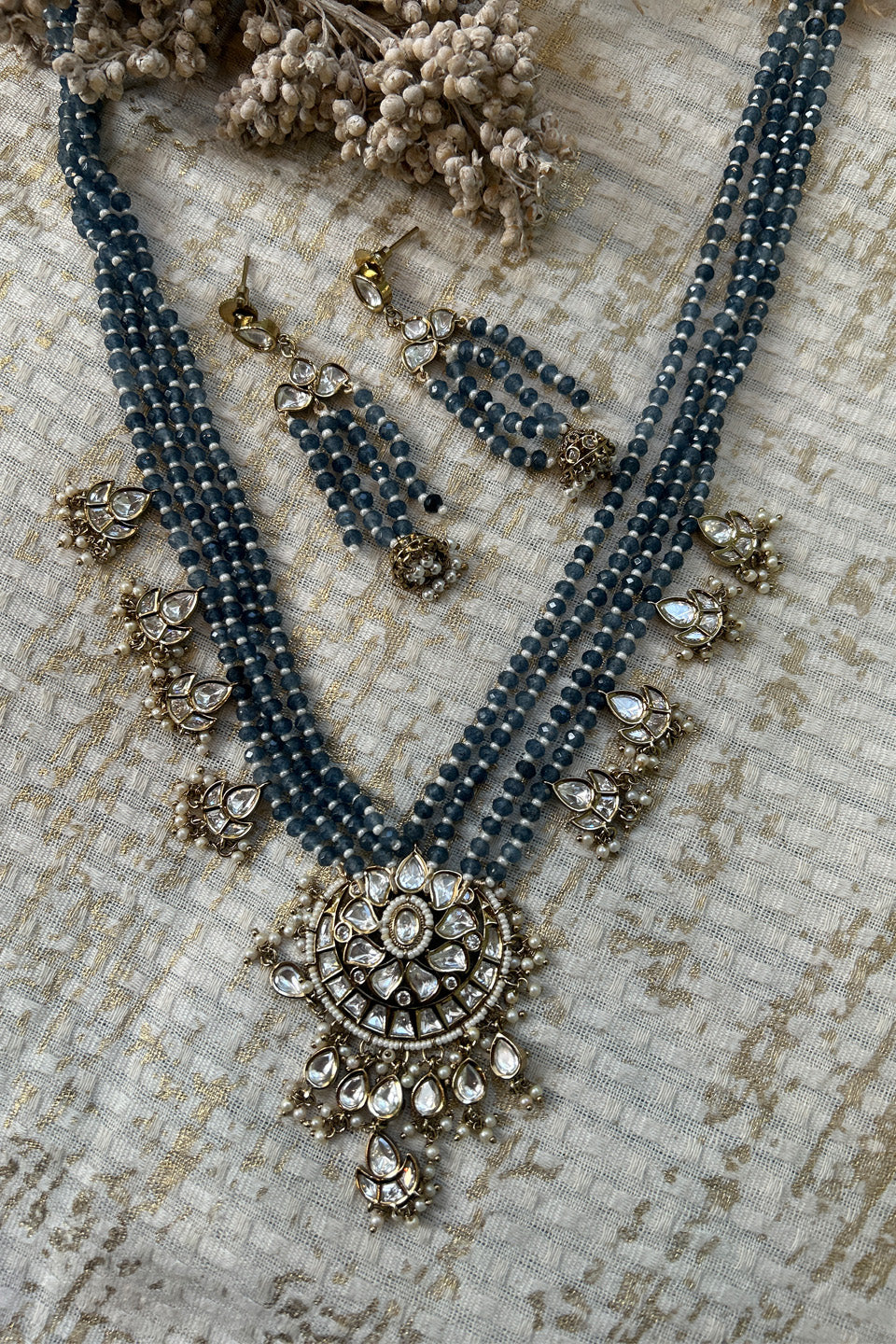 Blue Beaded Kundan Necklace Set with Earrings