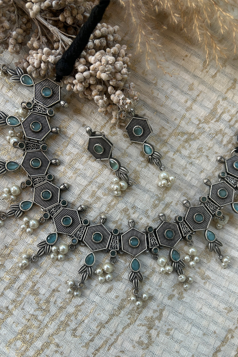 Antique Silver Hexa Choker Set with Green Stones & Pearls