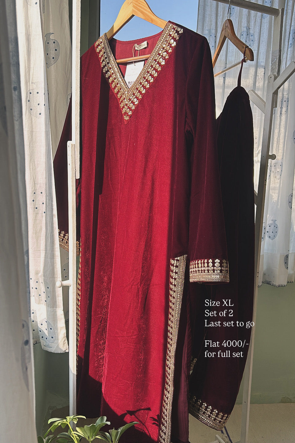 Elegant Maroon Velvet Ensemble (Set of Two)