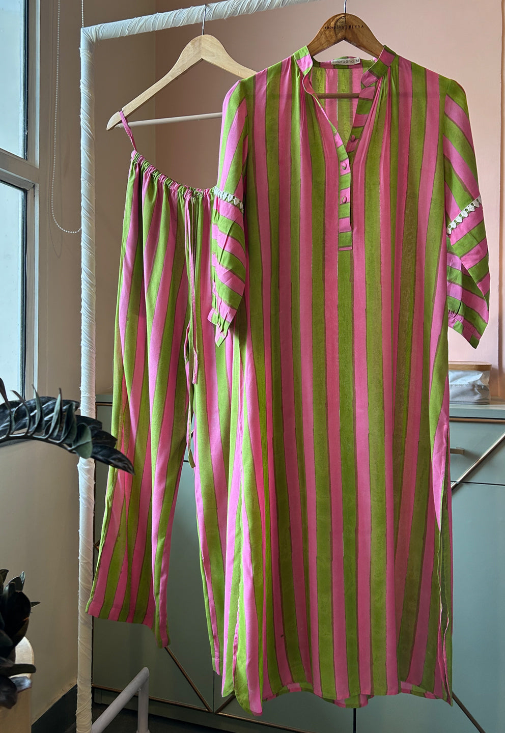 Light Green and Pink Striped Tunic Set (Set of Two)