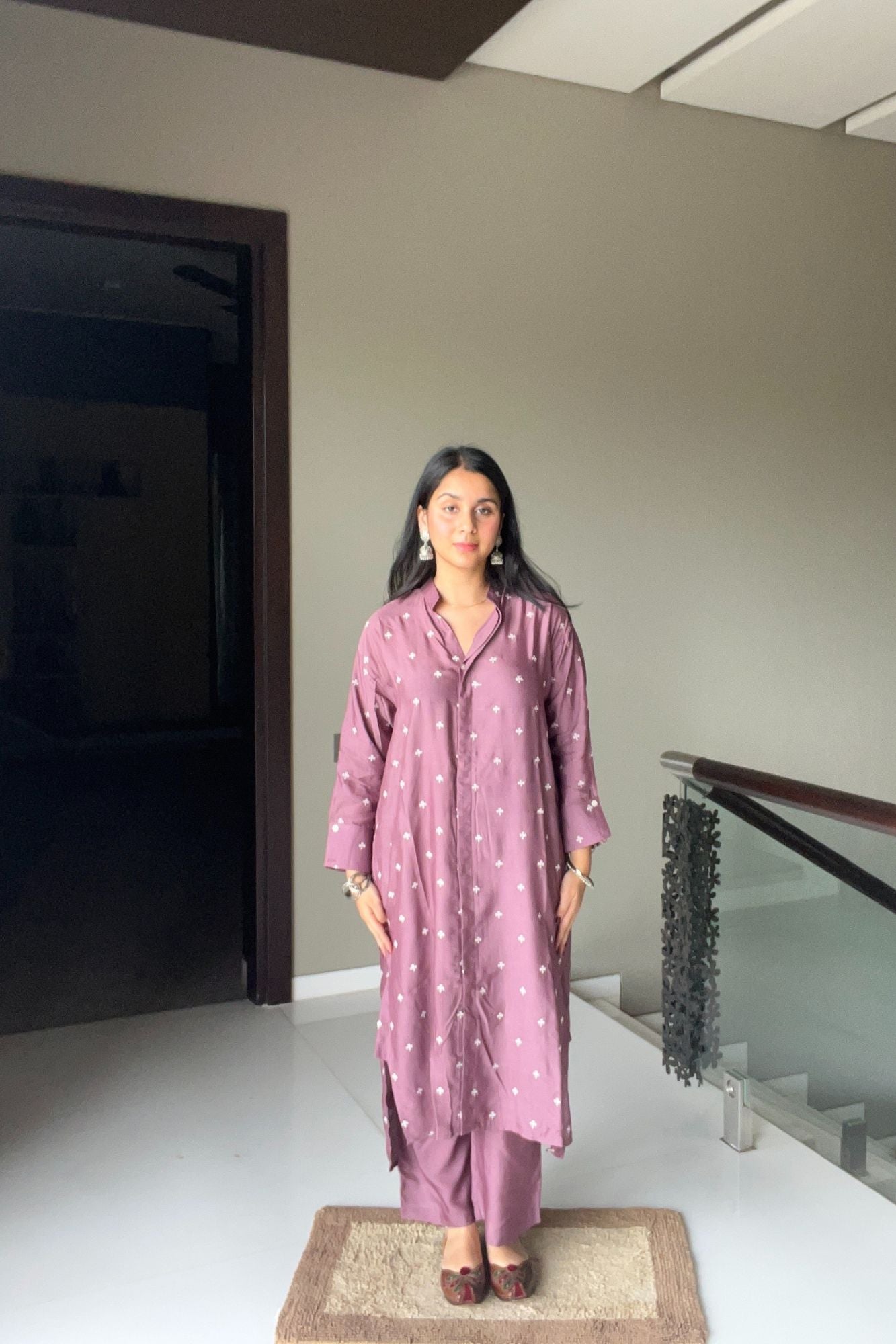 Purple Embroidered Muslin Tunic Co-ord Set (Set of Two)