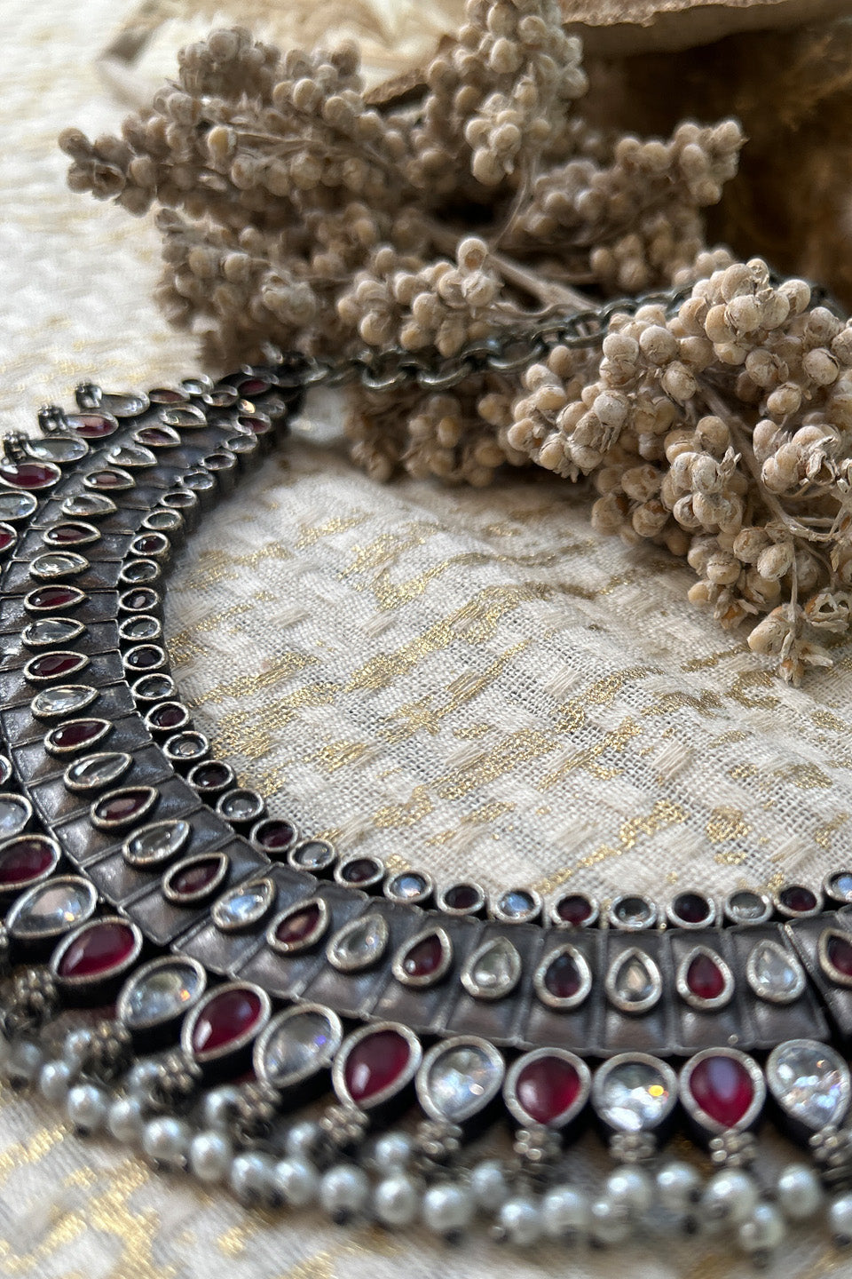 Antique Silver Red & White Stone Choker with Pearl Detailing