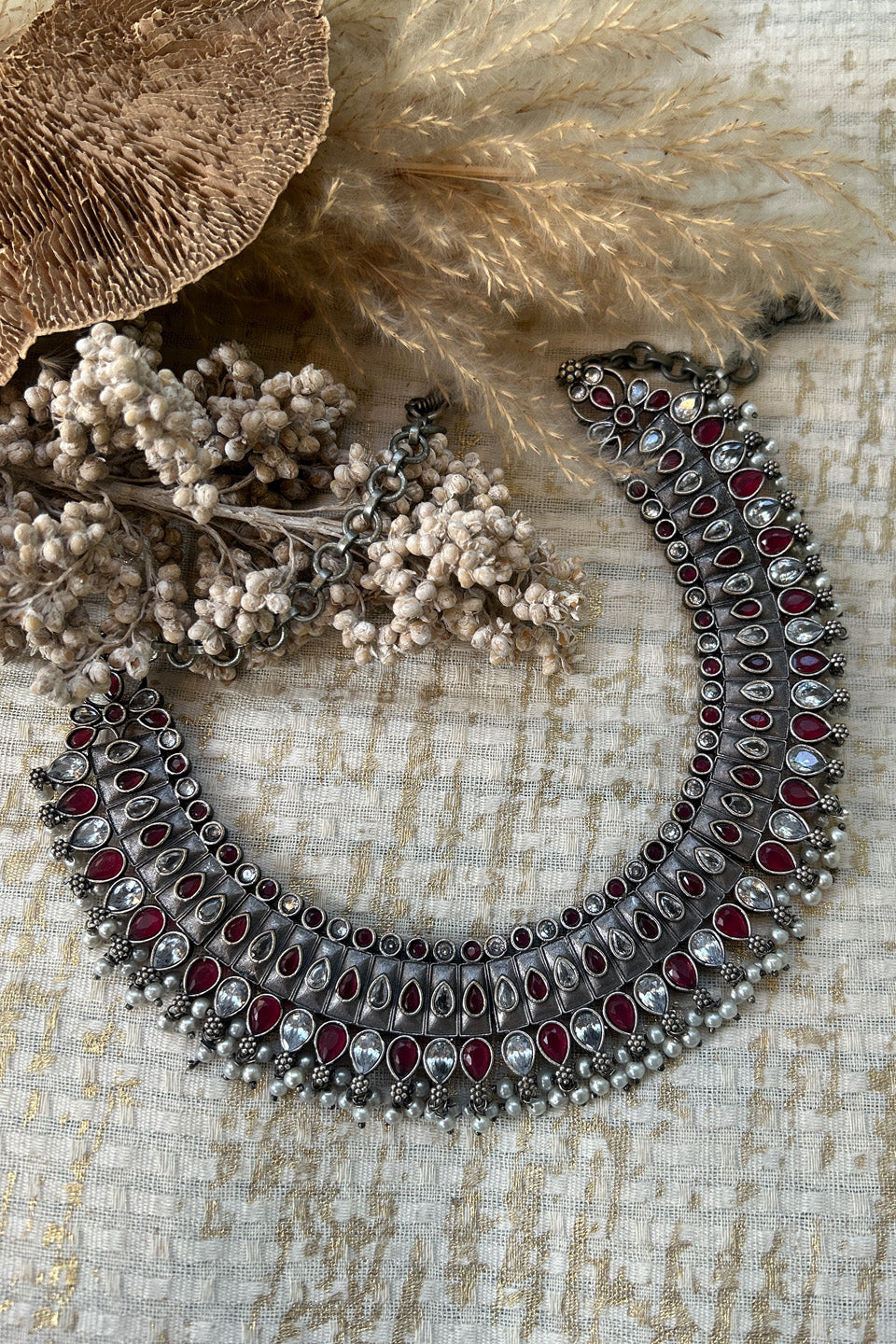 Antique Silver Red & White Stone Choker with Pearl Detailing