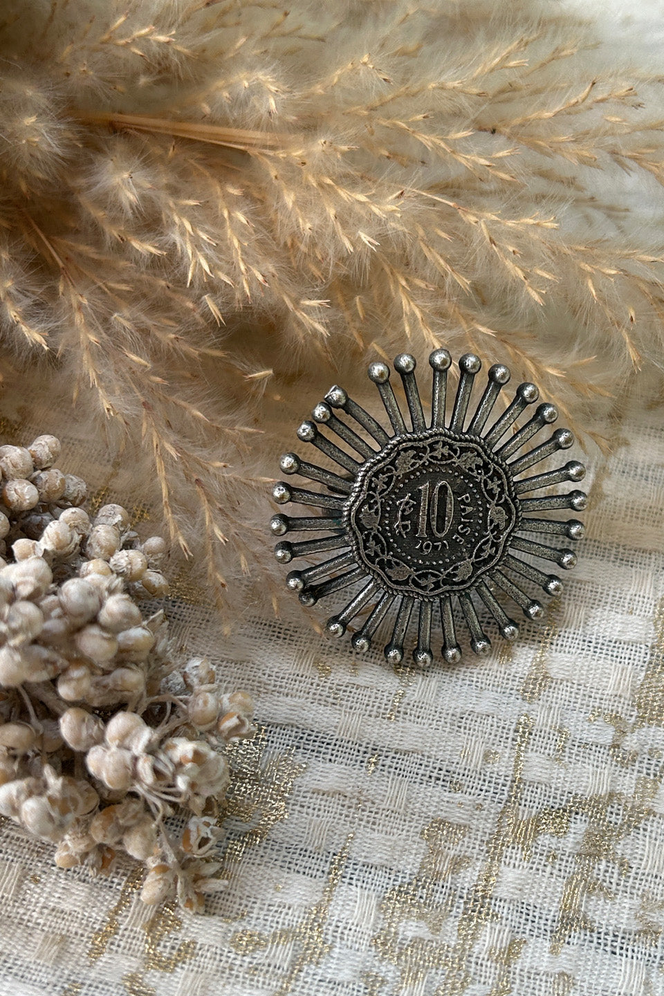 Vintage Coin-Inspired Oxidized Silver Adjustable Ring