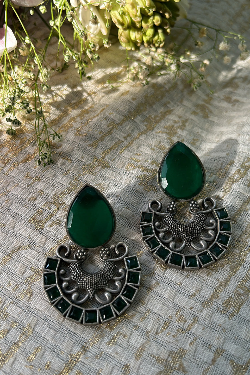 Oxidized Silver Green Stone Earrings