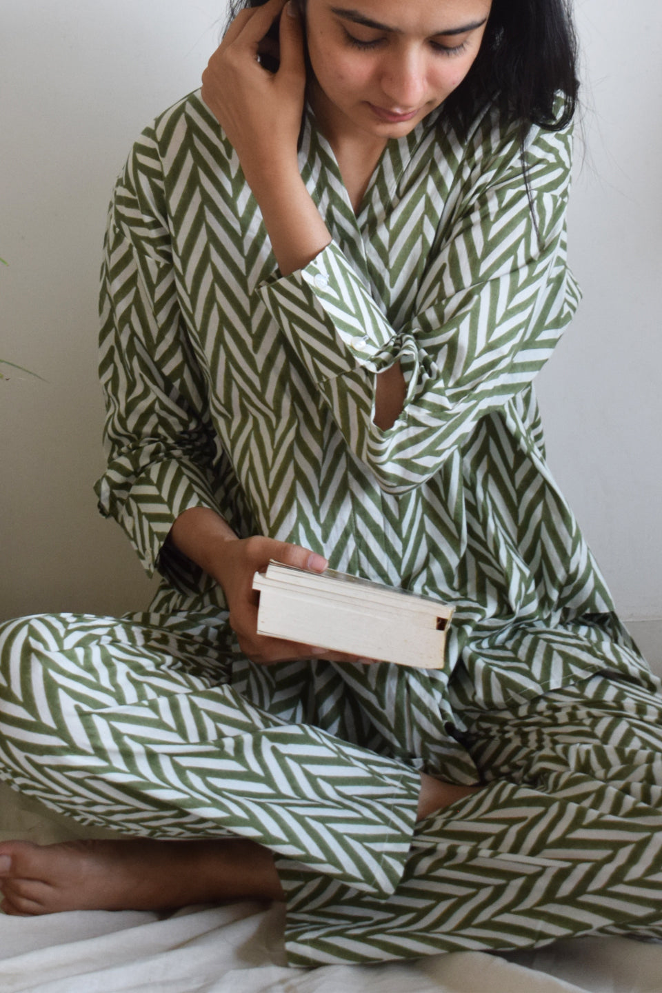 Green Chevron Cotton Co-ord Set (Set of Two)