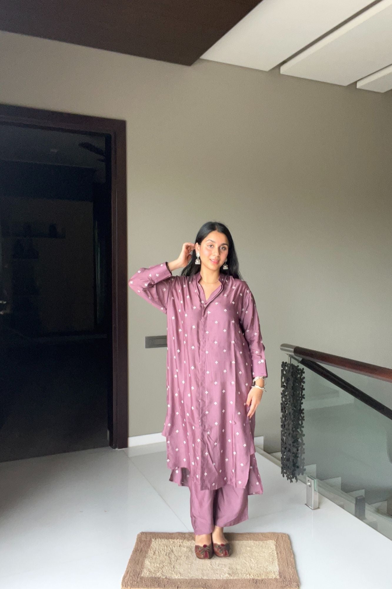 Purple Embroidered Muslin Tunic Co-ord Set (Set of Two)