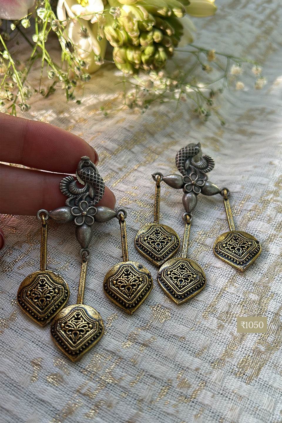 Dual-Tone Ethnic Dangle Earrings with Peacock Design