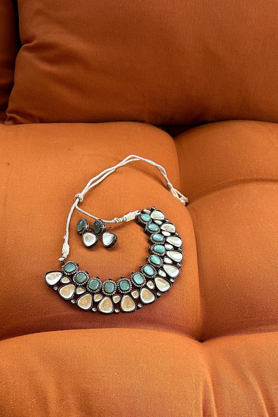 Semi-precious Polki & Teal Stone Necklace with matching earrings