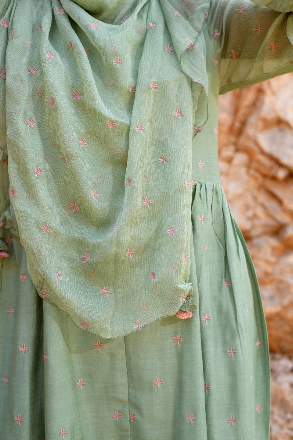 Sage Green and Pink Muslin Embroidered Tunic Set (Set of Three)