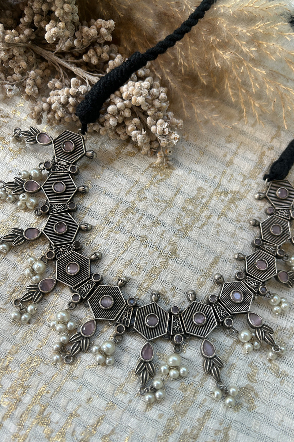 Antique Silver Purple Stone Hexa Choker with Pearl Detailing