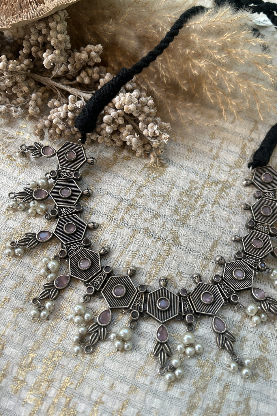 Antique Silver Purple Stone Hexa Choker with Pearl Detailing