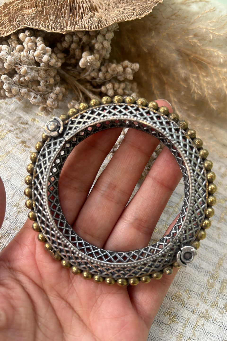 Antique Silver & Brass Beaded Oxidised Bangle (Size 2.6)