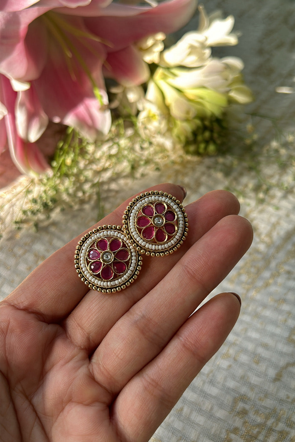 Gold-Plated Ruby Red Floral Stud Earrings