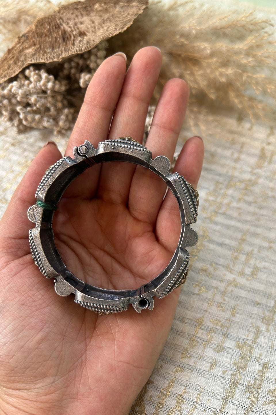 Antique Silver Floral Engraved Adjustable Bangle (Size 2.6)