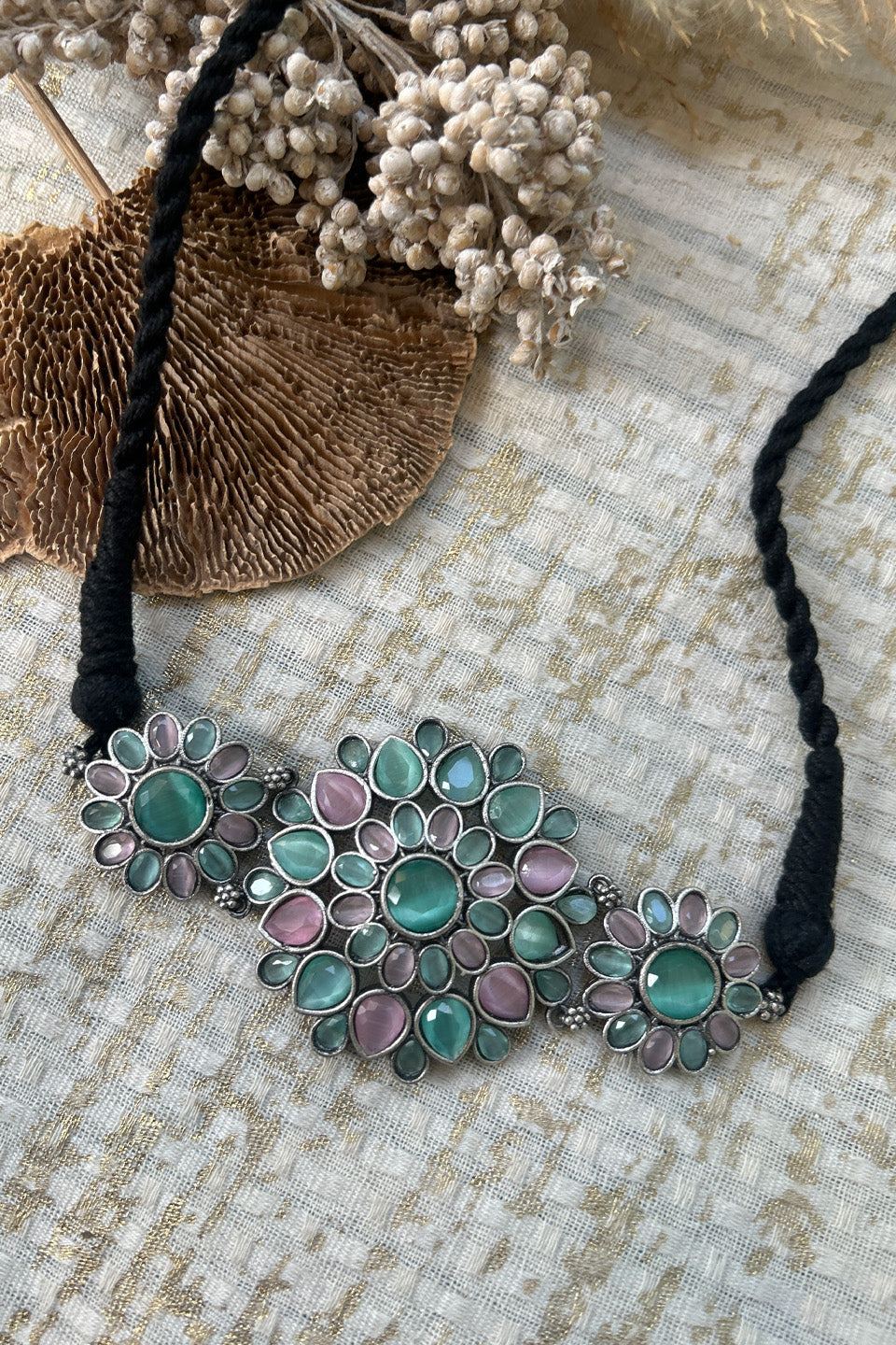 Oxidized Silver Floral Choker with Green & Pink Stones