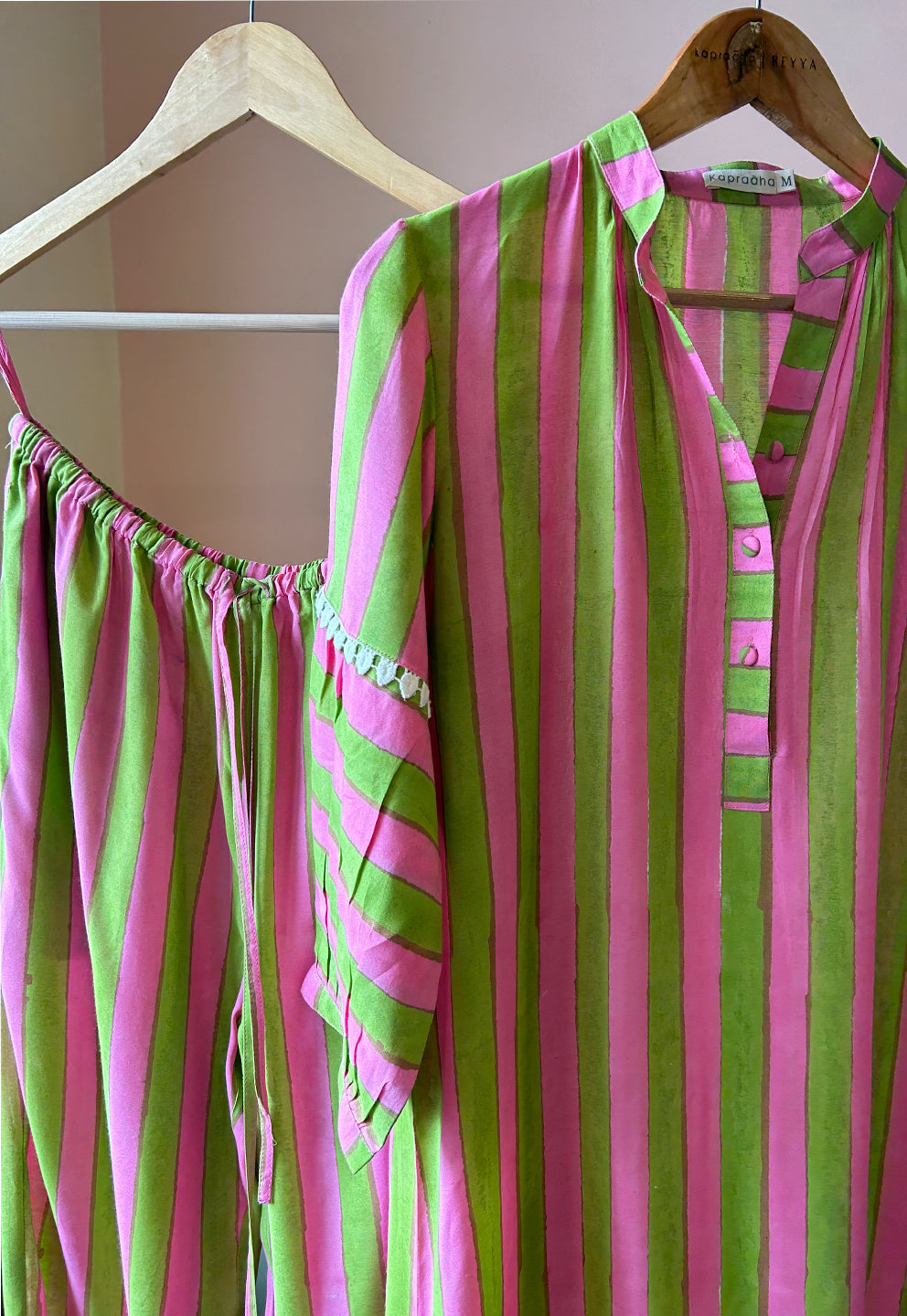 Light Green and Pink Striped Tunic Set (Set of Two)