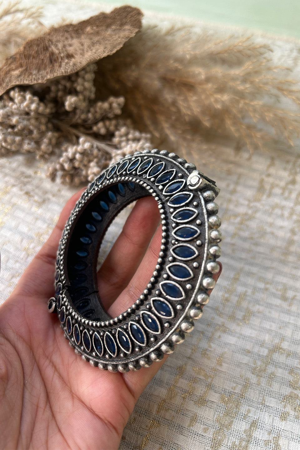 Antique Silver Blue Stone Statement Bangle (Size 2.6)