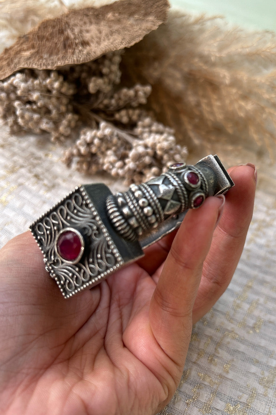 Antique Silver Red Stone Temple Bangle (Size 2.6)