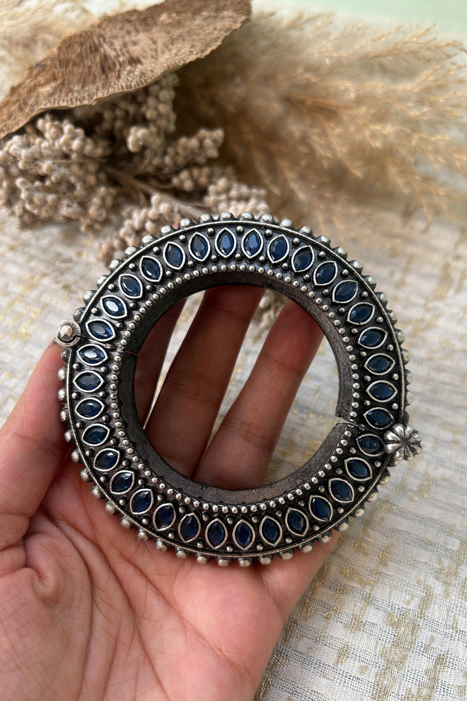 Antique Silver Blue Stone Statement Bangle (Size 2.6)