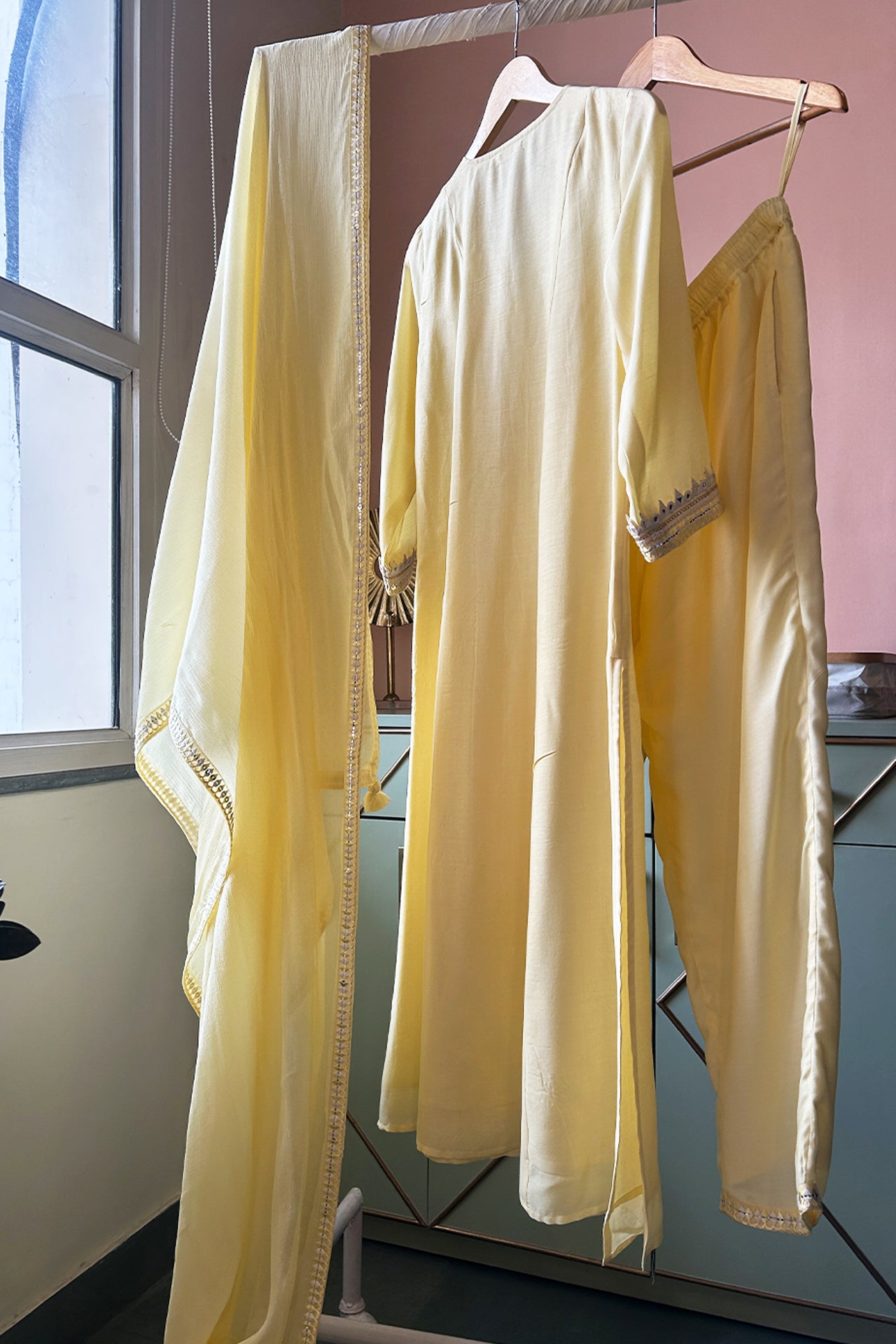 Soft Lemon Muslin Tunic Set with Chiffon Dupatta (Set of Three)