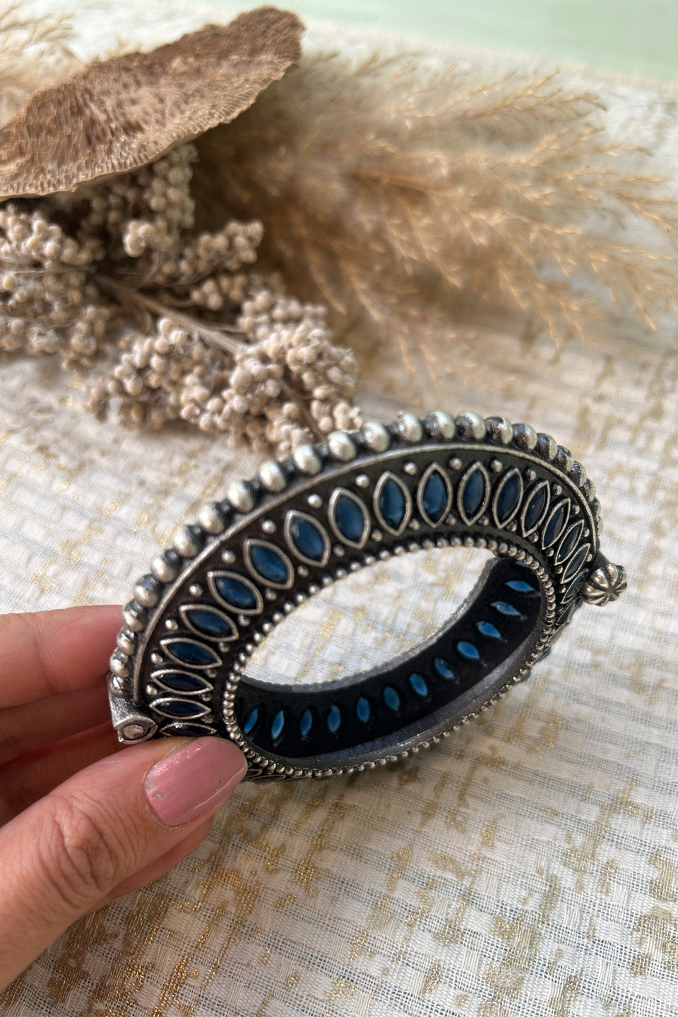 Antique Silver Blue Stone Statement Bangle (Size 2.6)