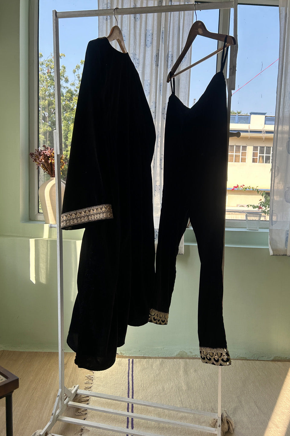 Elegant Black Velvet Ensemble (Set of Two)