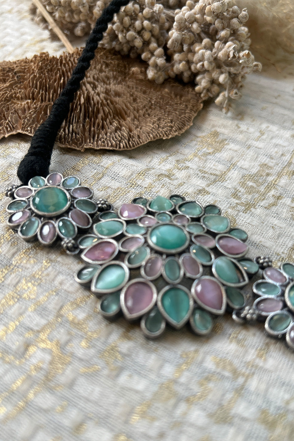 Oxidized Silver Floral Choker with Green & Pink Stones