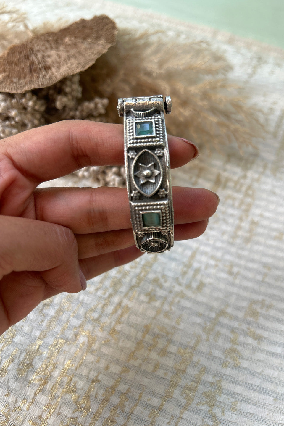 Antique Oxidised Silver Bangle with Turquoise Stone Detailing (Size 2.6)