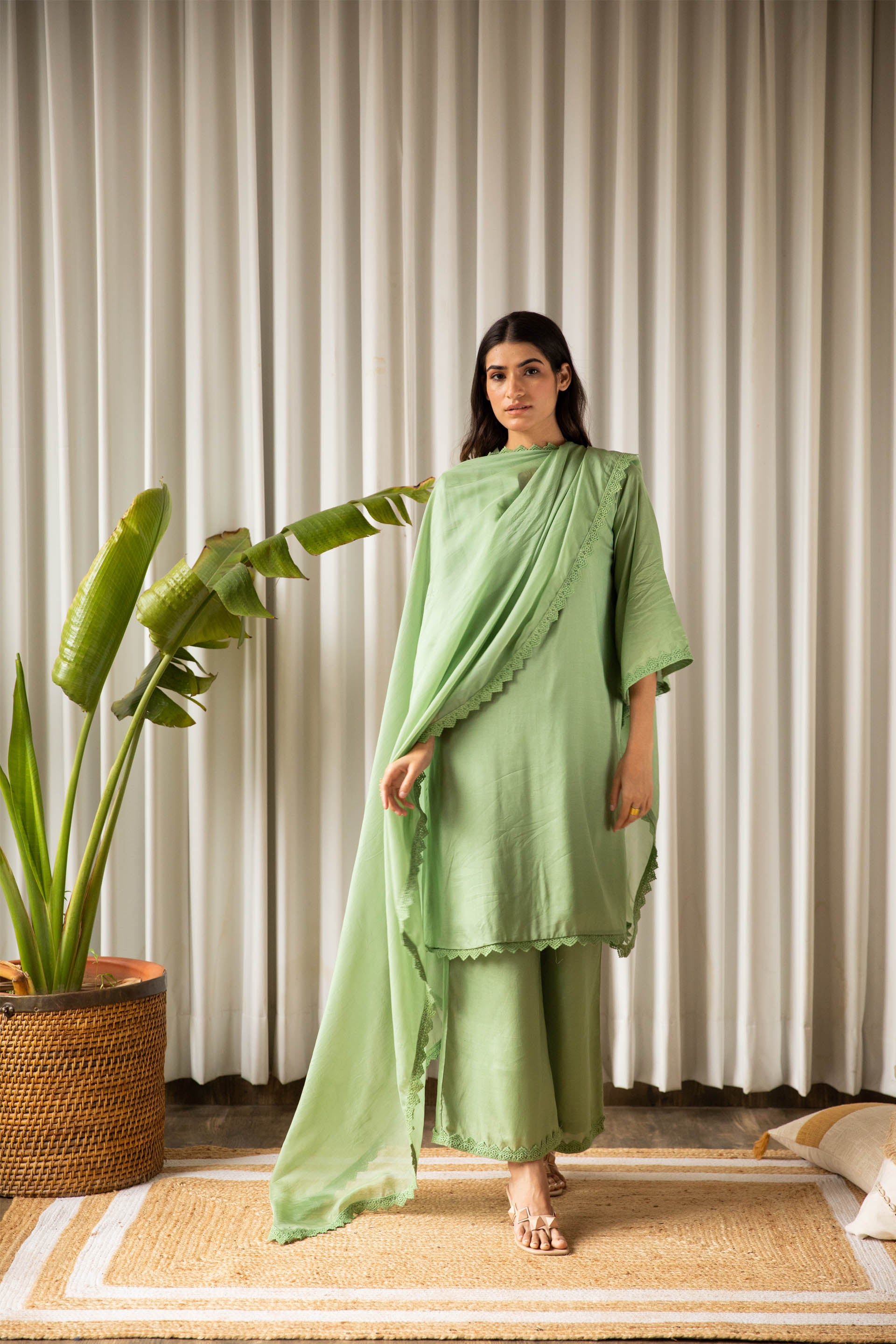 Sage Green Muslin Tunic Set (Set of Three)