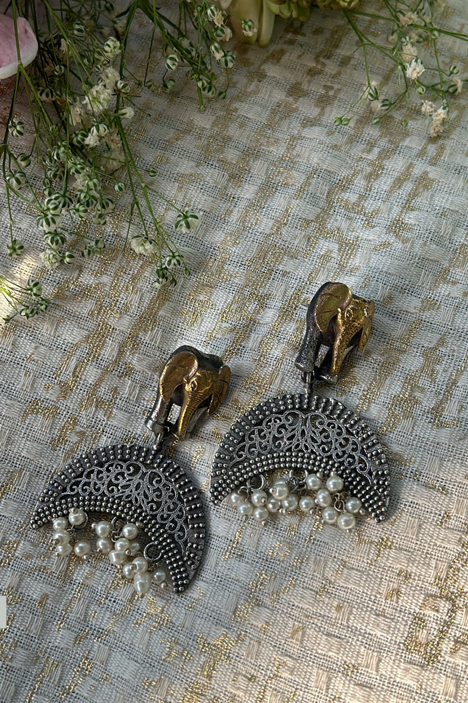 Antique Silver Elephant Motif Earrings with Pearls