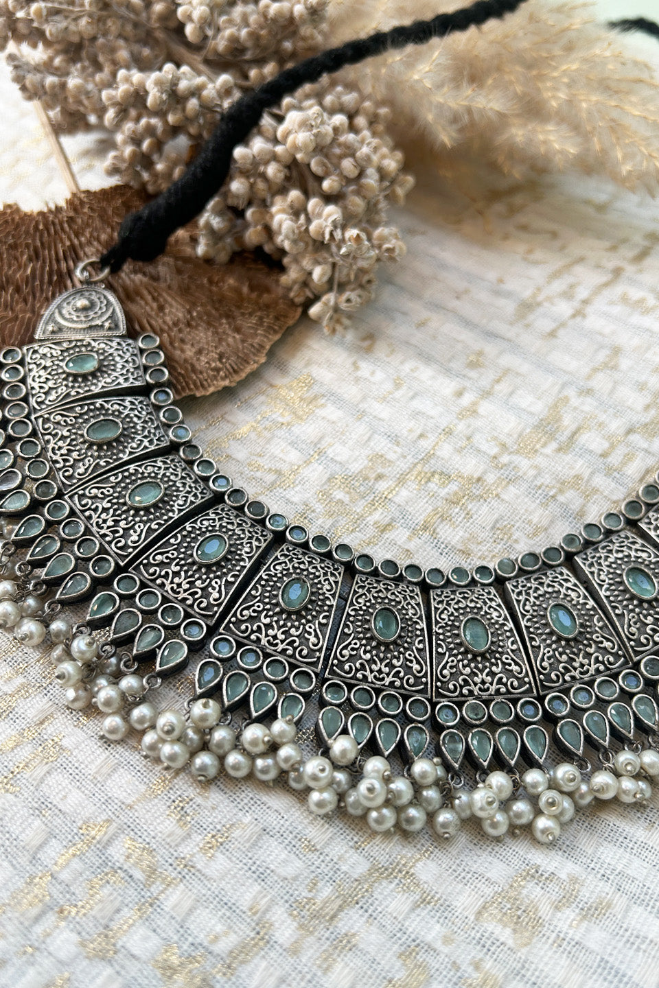 Antique Silver Green Stone & Pearl Layered Choker Necklace