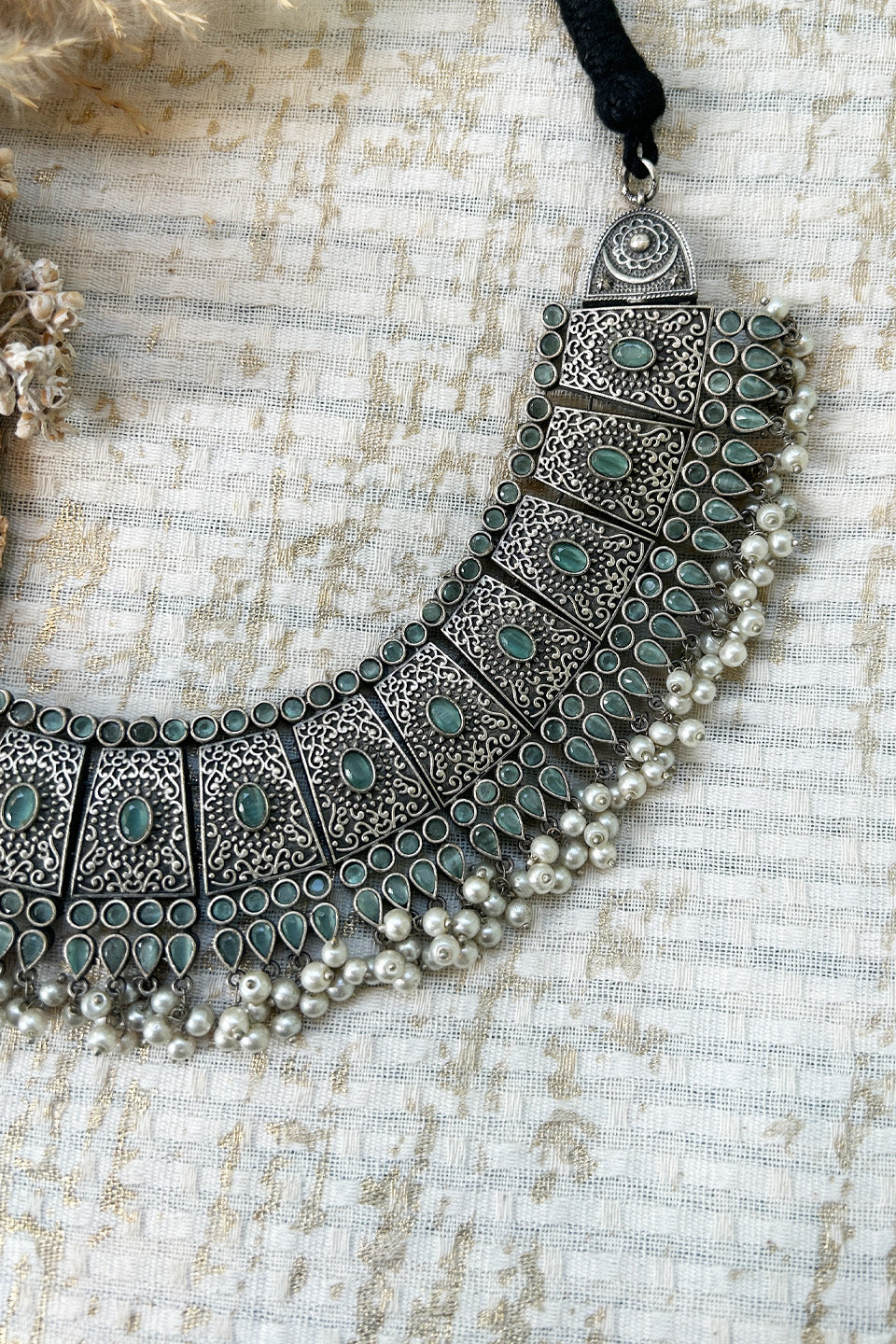 Antique Silver Green Stone & Pearl Layered Choker Necklace