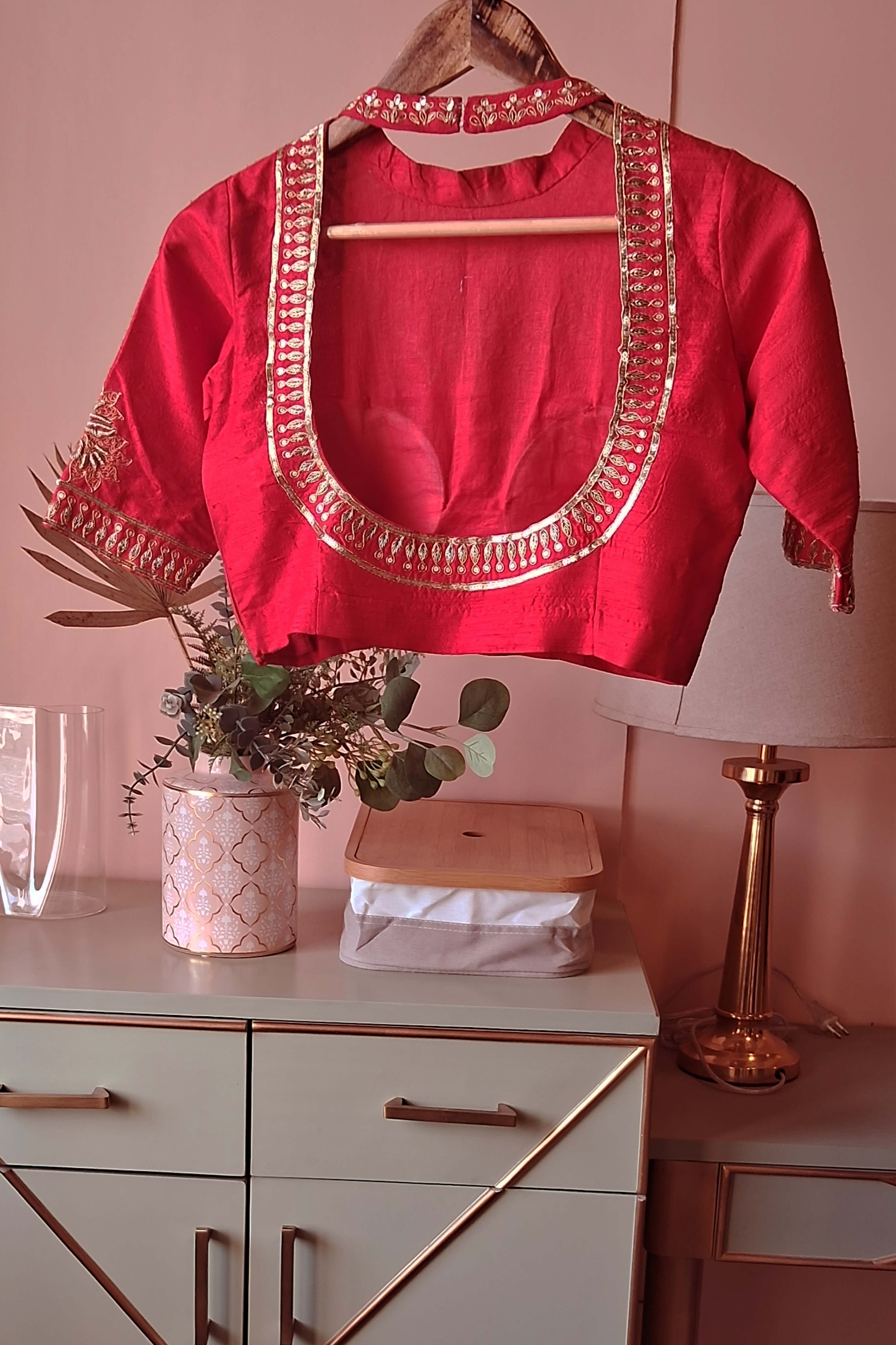 Red Embroidered Silk Blouse(PL-106)