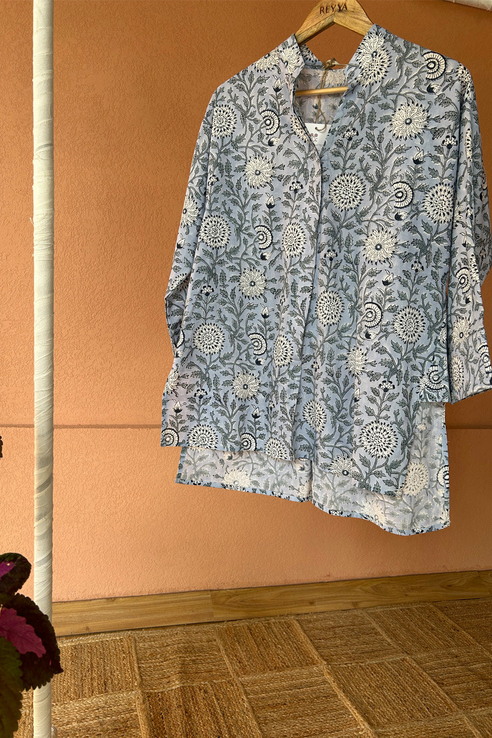 Blue Floral Printed Cotton Shirt