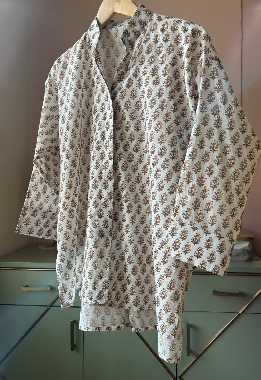 Brown Hand Block-printed Cotton Shirt