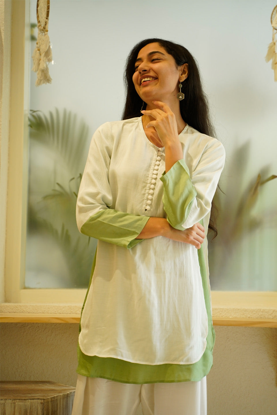 Ivory and Green Muslin Kurta Set