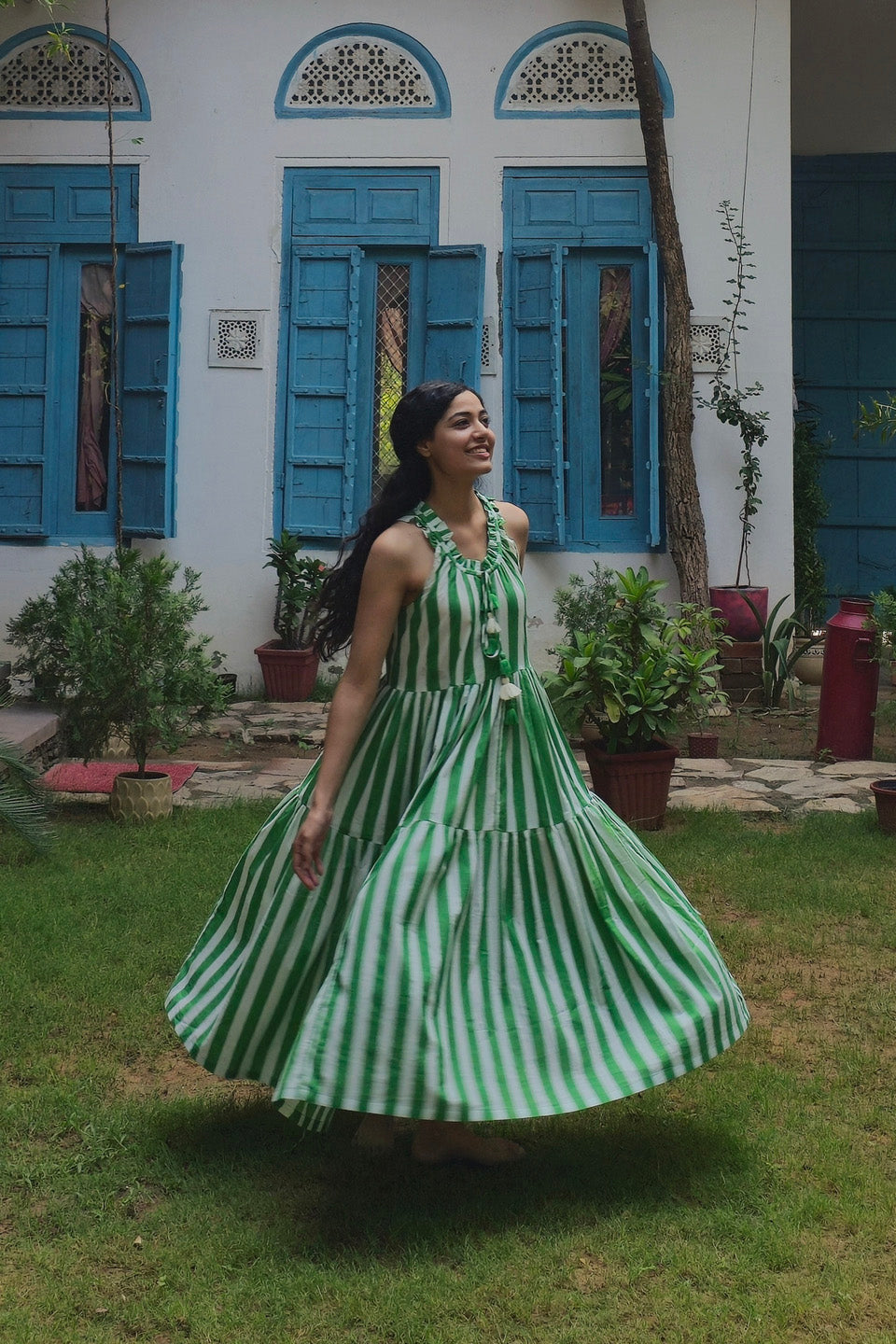 Green Striped Cotton Maxi Dress