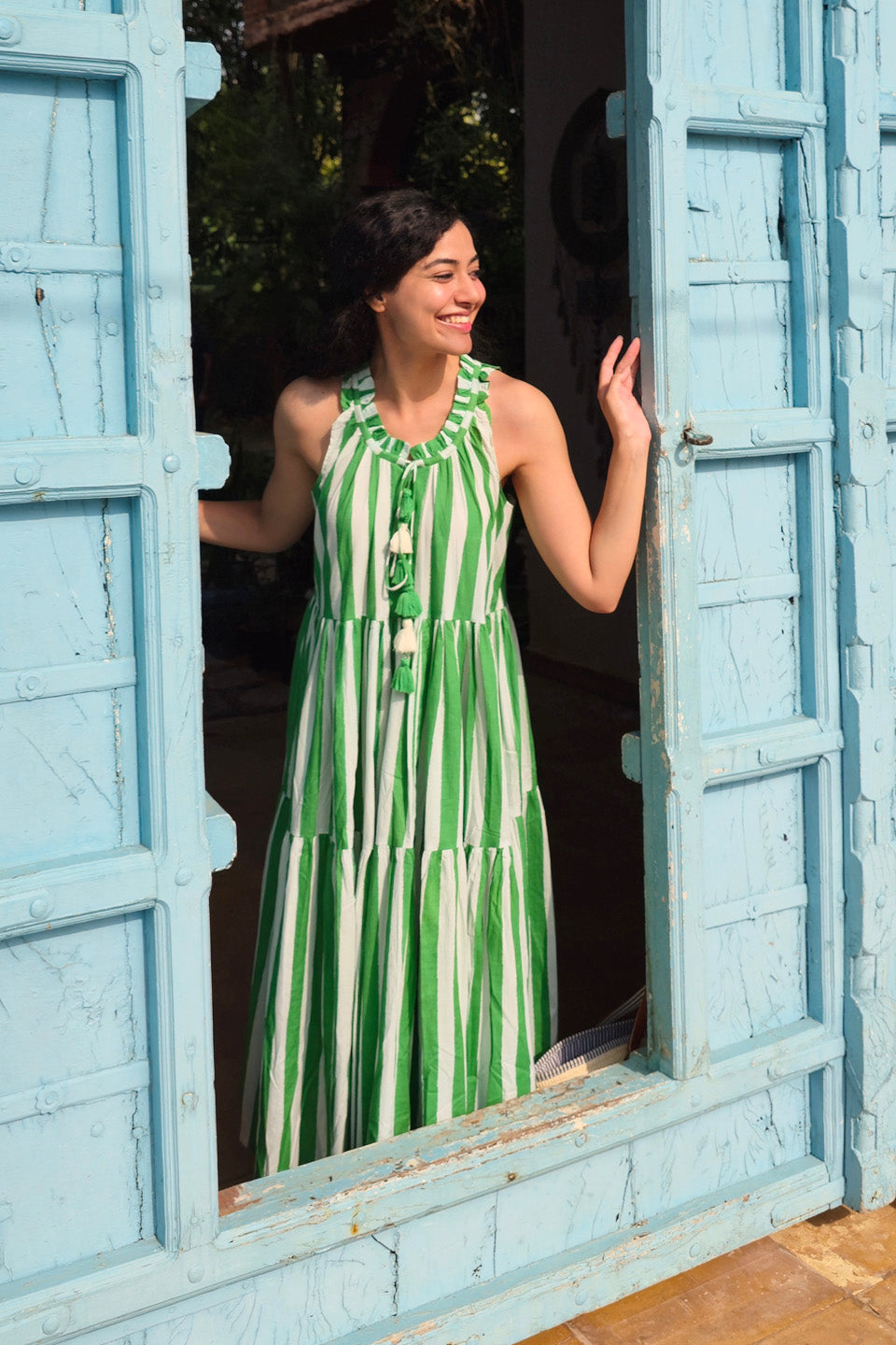 Green Striped Cotton Maxi Dress