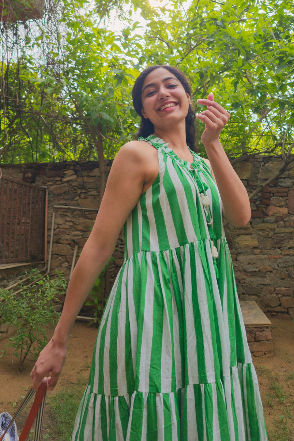 Green Striped Cotton Maxi Dress
