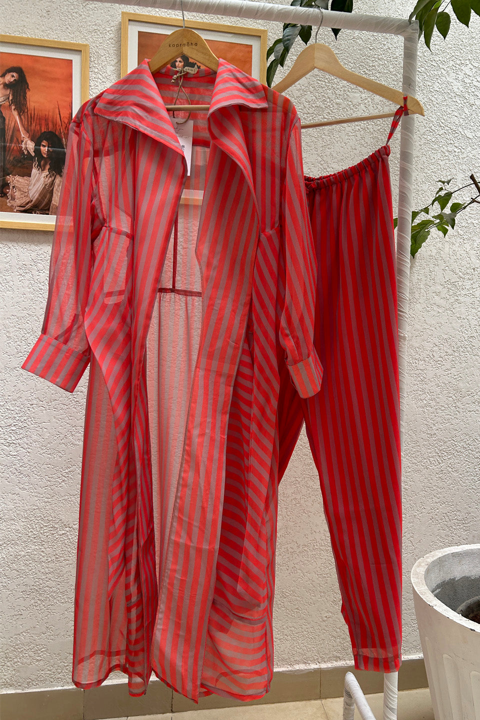 Fuchsia Striped Georgette Jacket Set (Set of Two)