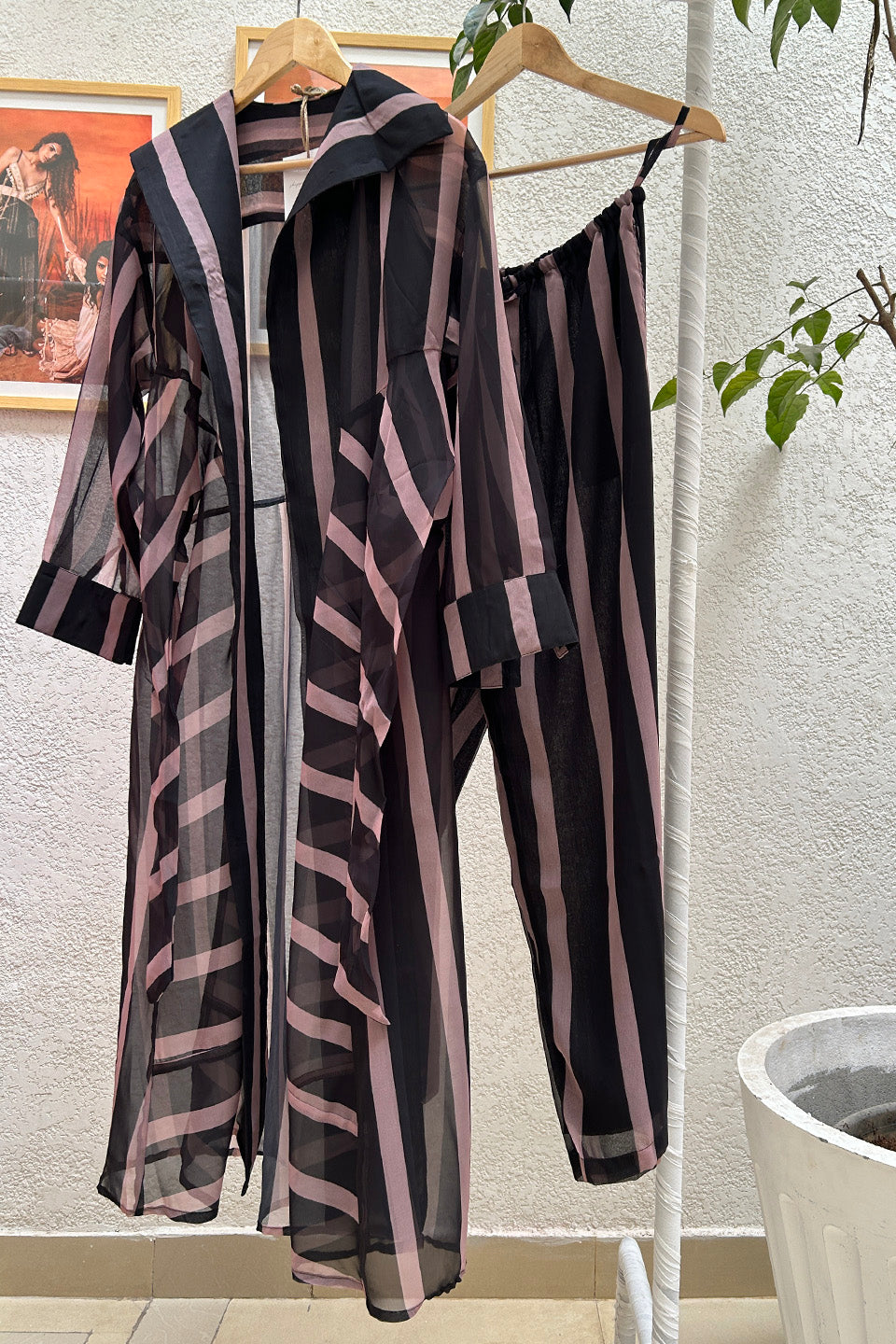 Black Striped Georgette Jacket (Set of Two)