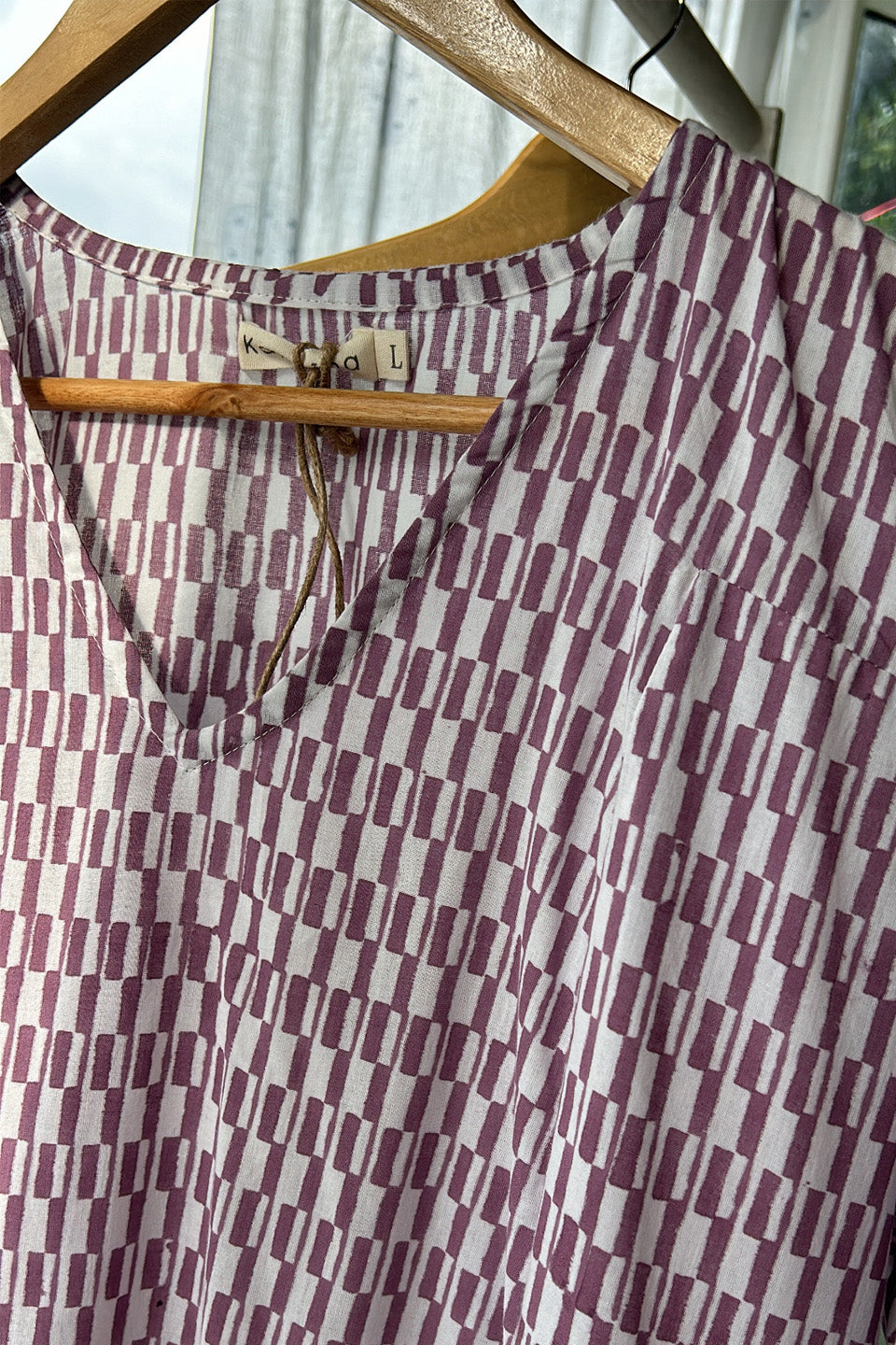 Purple & White Block Printed Cotton Tunic with Pants (Set of Two)