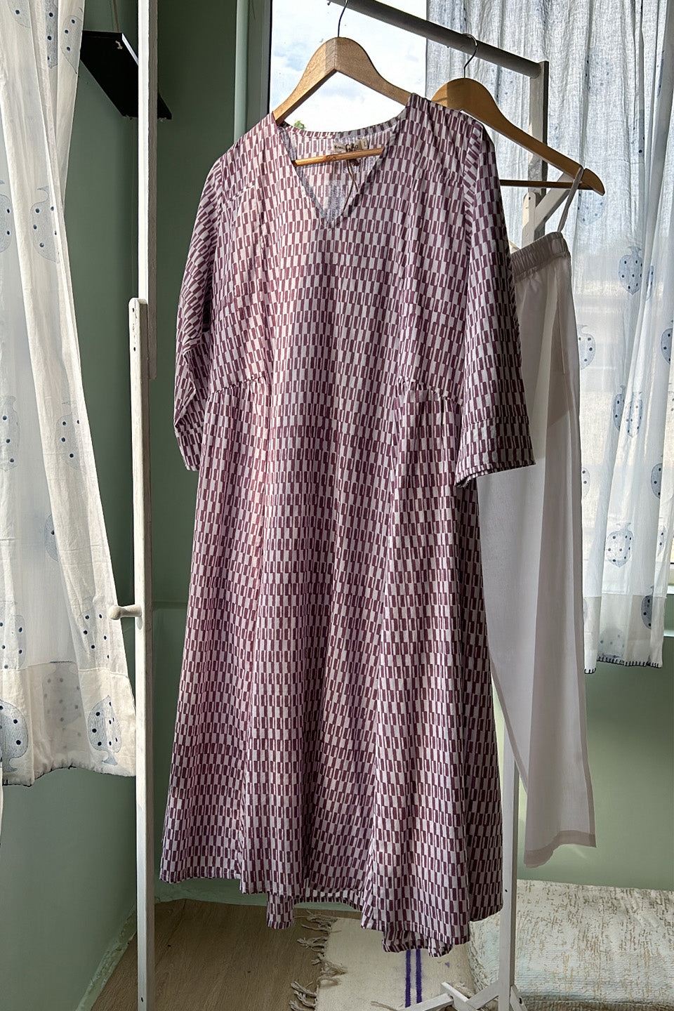 Purple & White Block Printed Cotton Tunic with Pants (Set of Two)