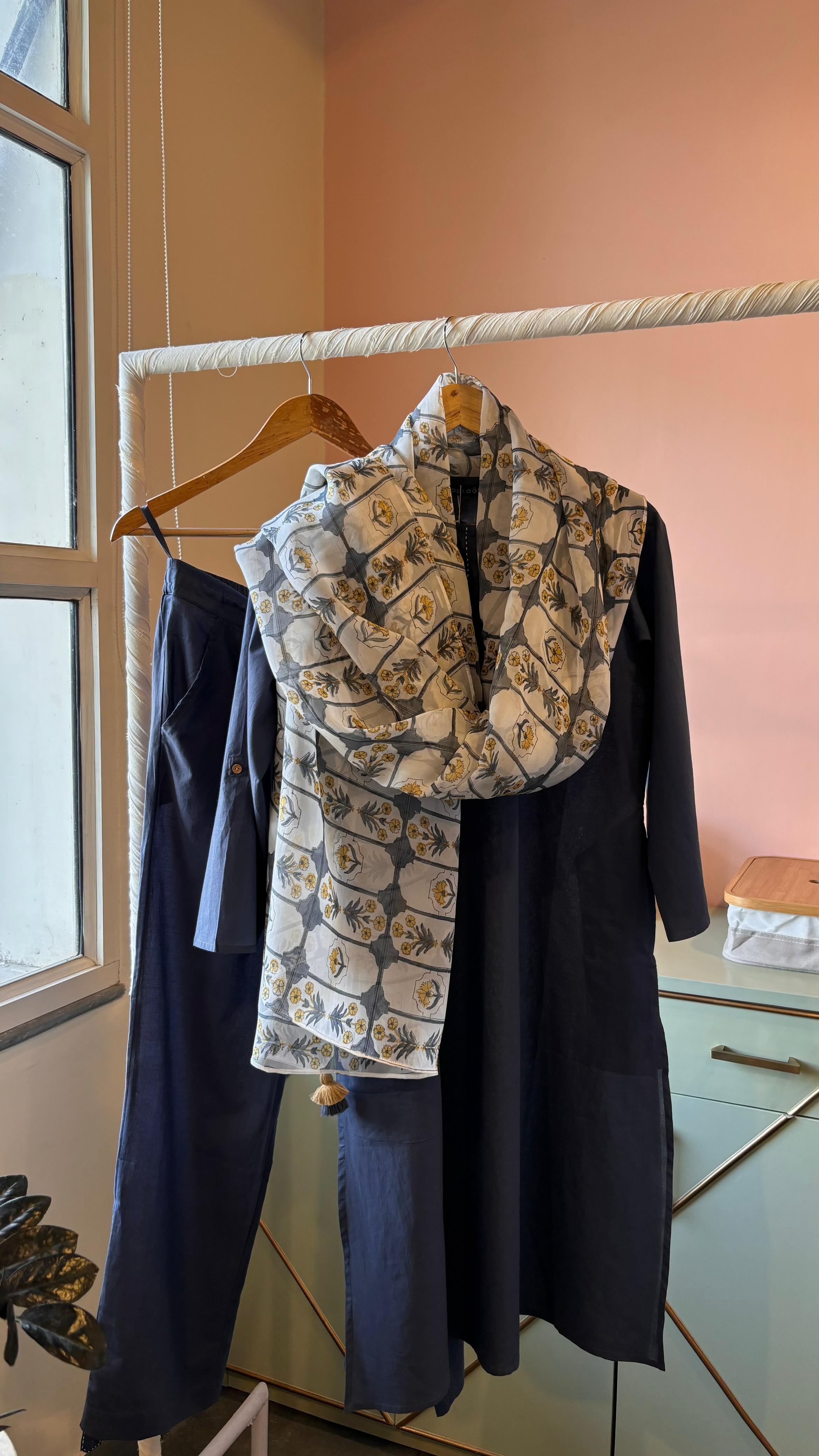 Navy Cotton Suit Set With Organza Printed Dupatta (Set Of Three)