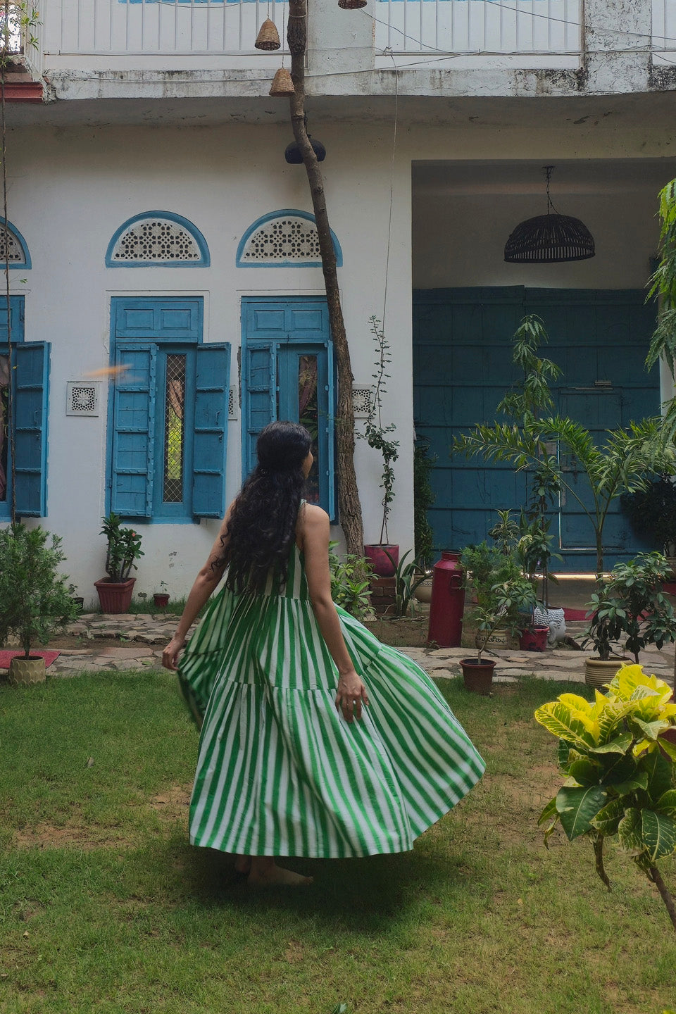 Green Striped Cotton Maxi Dress