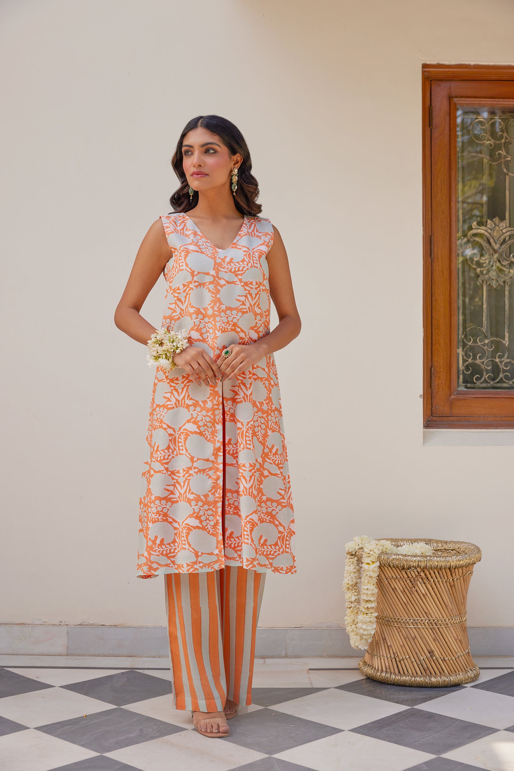 Orange Hand Block Printed Floral Jaal Tunic Set (Set of Two)