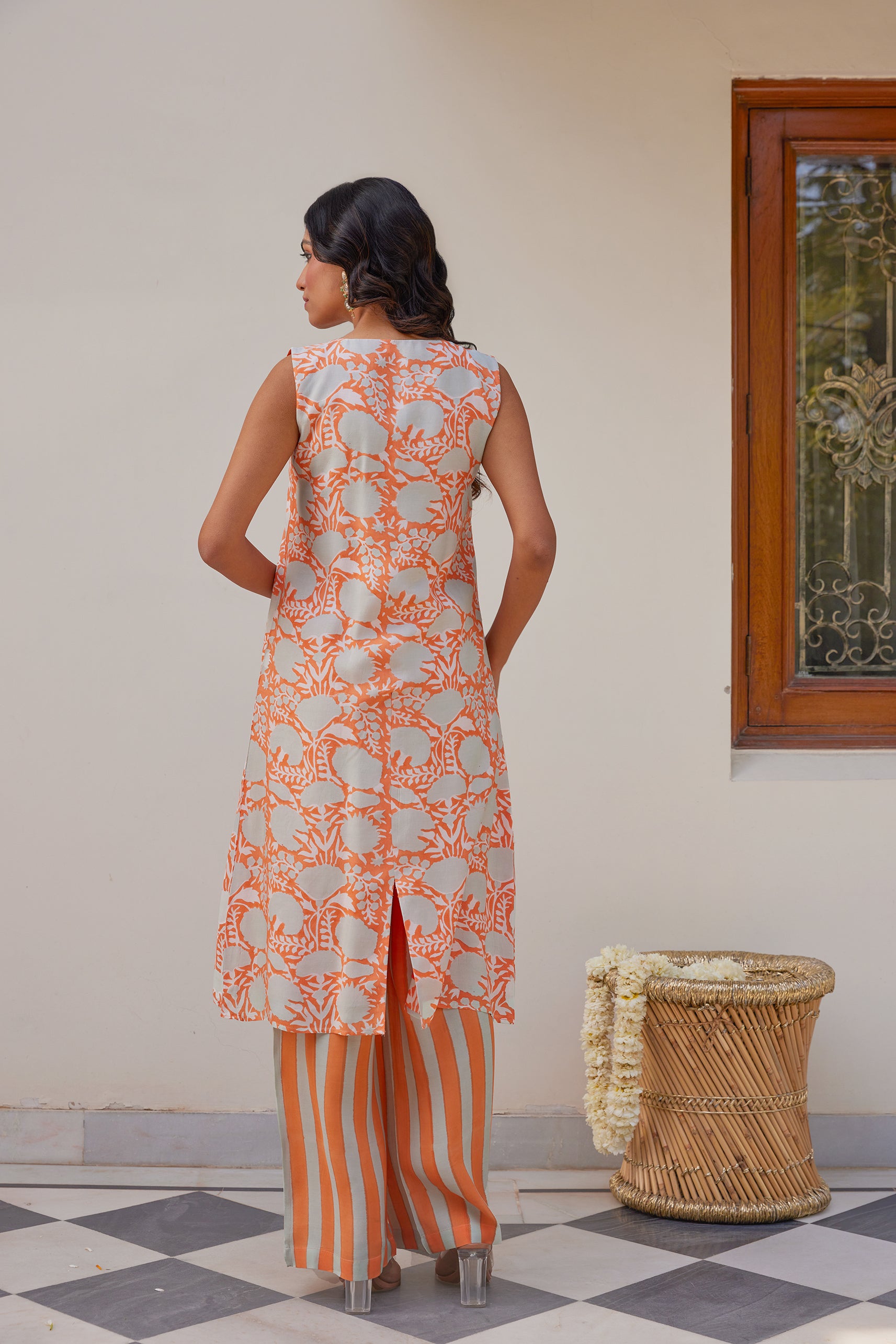 Orange Hand Block Printed Floral Jaal Tunic Set (Set of Two)